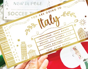 Custom Italy  Boarding Pass Gift, Gold Foil Ticket Rome, Florence Holiday Reveal