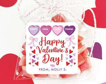 Conversation Heart Valentine's Day Treat Bag Stickers, Personalized Party Favor for Classroom Exchange