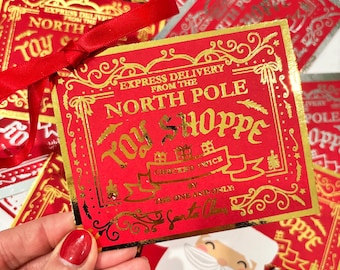Gold Foil Santa's Toy Shoppe Vintage Christmas Tags, Christmas Gift Tag Set of 4
