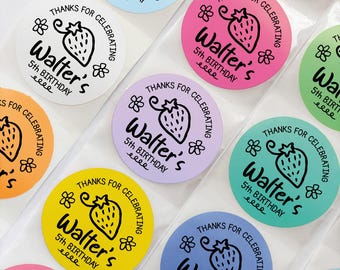 Personalized Strawberry Birthday Favor Stickers, Printed Custom Berry First Birthday Treat Bag Labels, Set of 10 Colorful Labels