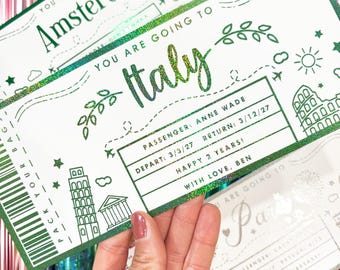 Custom Italy  Boarding Pass Gift, Gold Foil Ticket Rome, Florence Holiday Reveal