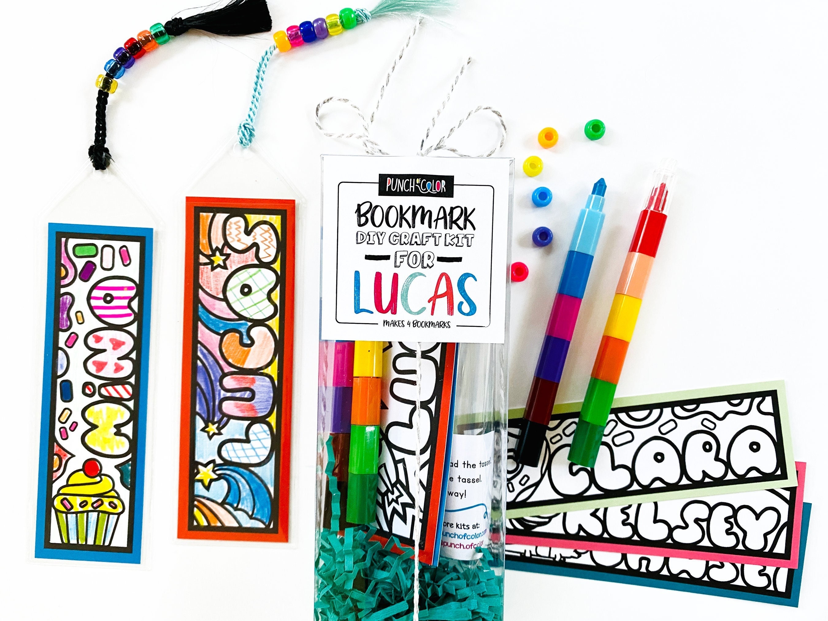 DIY 4 Bookmark arts and crafts kit - Kids personalized coloring bookmark - Stocking stuffer for boy or girl - Reader gifts for child