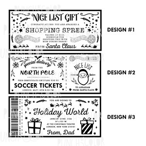 Pode incluir: Certificados de presente em preto e branco com designs festivos. Um diz "Nice List Gift" para uma compra, outro oferece ingressos de futebol, e o terceiro &eacute; para "Holiday World". Cada um apresenta ilustra&ccedil;&otilde;es tem&aacute;ticas de feriados.