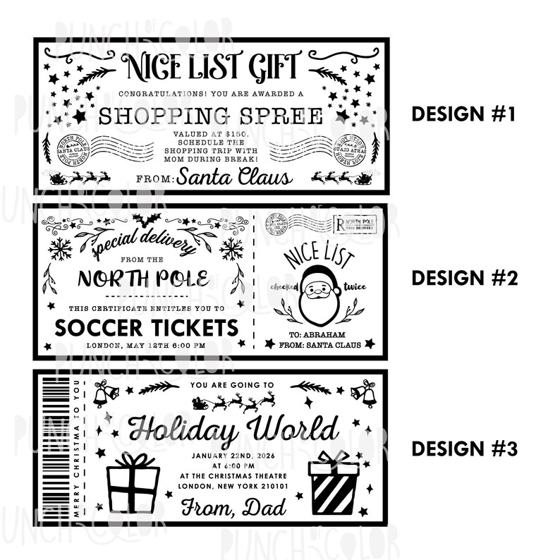 Pode incluir: Certificados de presente em preto e branco com designs festivos. Um diz "Nice List Gift" para uma compra, outro oferece ingressos de futebol, e o terceiro &eacute; para "Holiday World". Cada um apresenta ilustra&ccedil;&otilde;es tem&aacute;ticas de feriados.