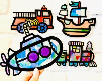 May include: A set of four colorful paper craft designs featuring a fire truck, a submarine, a sailboat, and a train. Each design is made with colorful paper and has a unique design.