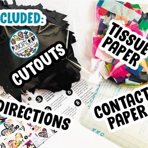 May include: A craft kit containing a bag of black paper cutouts with a Punch of Color logo, a bag of multicolored tissue paper squares, a sheet of grid-lined contact paper, and a printed instruction sheet with numbered steps for assembly.