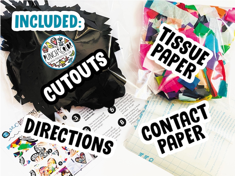 May include: A craft kit containing a bag of black paper cutouts with a Punch of Color logo, a bag of multicolored tissue paper squares, a sheet of grid-lined contact paper, and a printed instruction sheet with numbered steps for assembly.