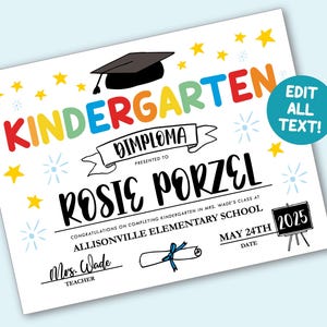 Druckbares Kindergartendiplom, bearbeitbares Schuldiplomzertifikat, Abschlusszertifikat für die Vorschule, Feier des letzten Schultags