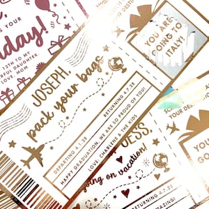 May include: A white card designed as a boarding pass with rose gold foil text and graphics. It features the text "JOSEPH, pack your bags," a globe, an airplane, and a scratch-off panel revealing "YOU ARE GOING TO ITALY!" with dates and messages.