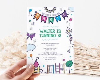 Playground Birthday Invitation Template, Editable Park Party Invitation, Outdoor Park Party Invite, Colorful Party at the Park Illustration