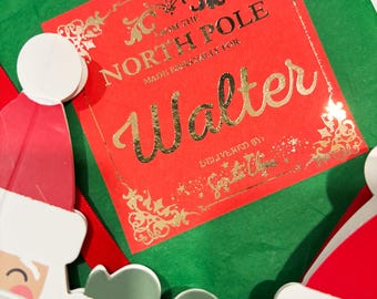 Personalized Gold Foil From the North Pole Christmas Labels, Gift stickers Gold foil on red, Set of 6