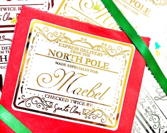 Personalized Gold Foil Santa Gift Labels, Vintage Christmas Gift Stickers for Kids, Set of 6