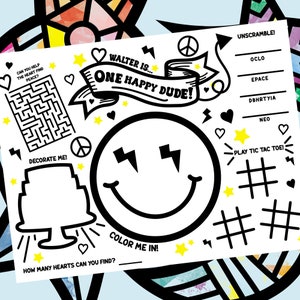 One happy dude coloring placemat activity for first birthday party, printable one cool dude groovy party games