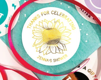 Foil Sunflower Favor Gift Stickers, Personalized Round Sunflower Wedding or Baby Shower Labels