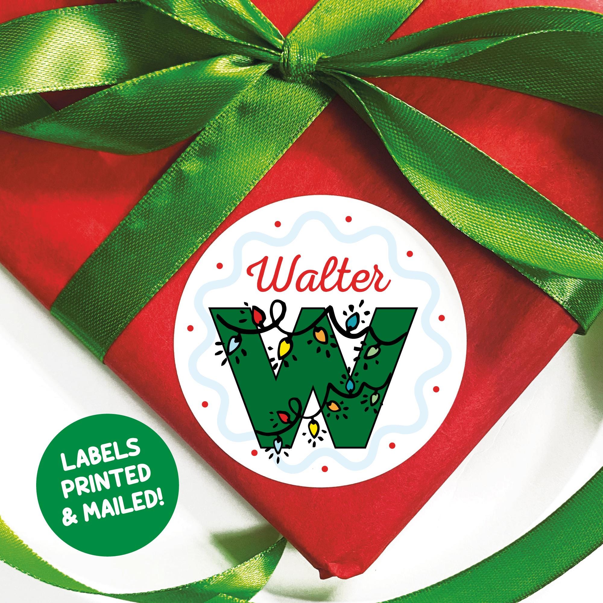 Personalized Christmas Name Tags, Kids Xmas Lights Gift Tags, Custom Initial Christmas Present Stickers, Printed 12 or 20 Stickers