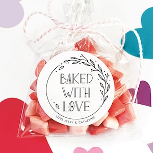 Custom Baked with Love Printed Stickers, Personalized Baking Hand Drawn Floral Round Stickers, Wedding Favor Treat Bag Tags Simple