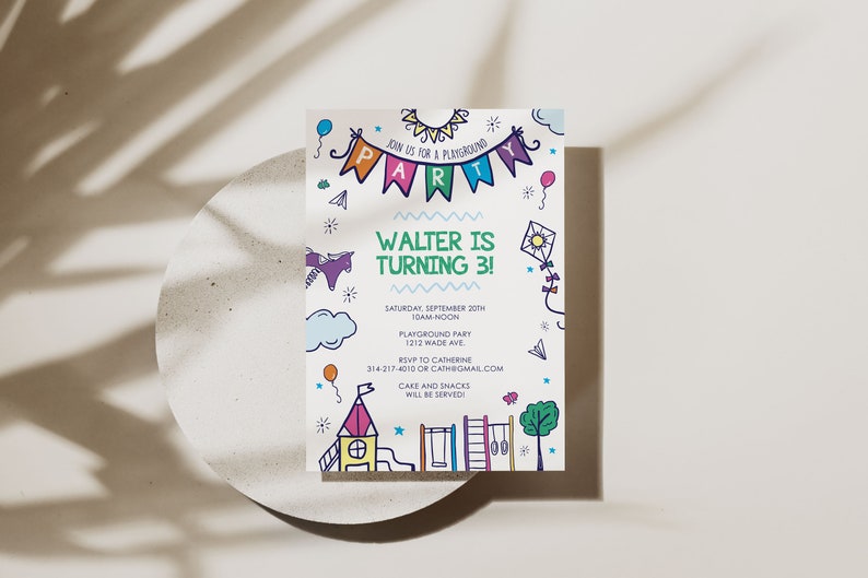 Playground Birthday Invitation Template, Editable Park Party Invitation, Outdoor Park Party Invite, Colorful Party at the Park Illustration image 4