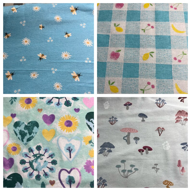 May include: Four different fabric swatches with various patterns. The first swatch is light blue with white daisies and yellow bees. The second swatch is a light blue and white checkered pattern with small red cherries, yellow lemons, and white flowers. The third swatch is light green with yellow sunflowers, purple hearts, and green earth-shaped designs. The fourth swatch is light blue with brown mushrooms and green plants.