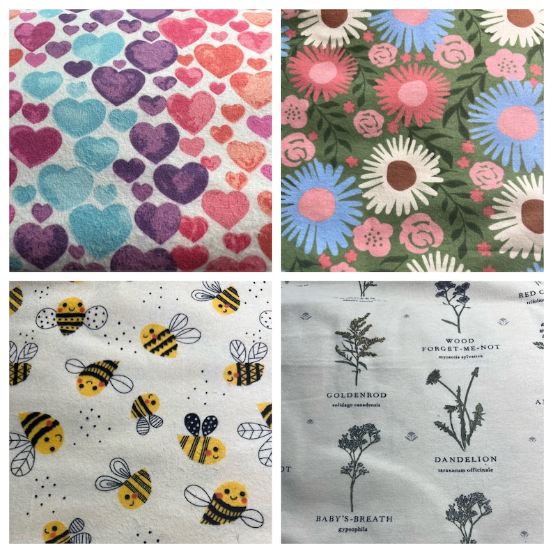 May include: Four fabric swatches with different patterns. The first swatch has a white background with pink, purple, and blue hearts. The second swatch has a green background with pink, white, and blue flowers. The third swatch has a white background with black and yellow bees. The fourth swatch has a white background with black and gray illustrations of flowers and their names: Goldenrod, Baby's-Breath, Wood Forget-Me-Not, and Dandelion.