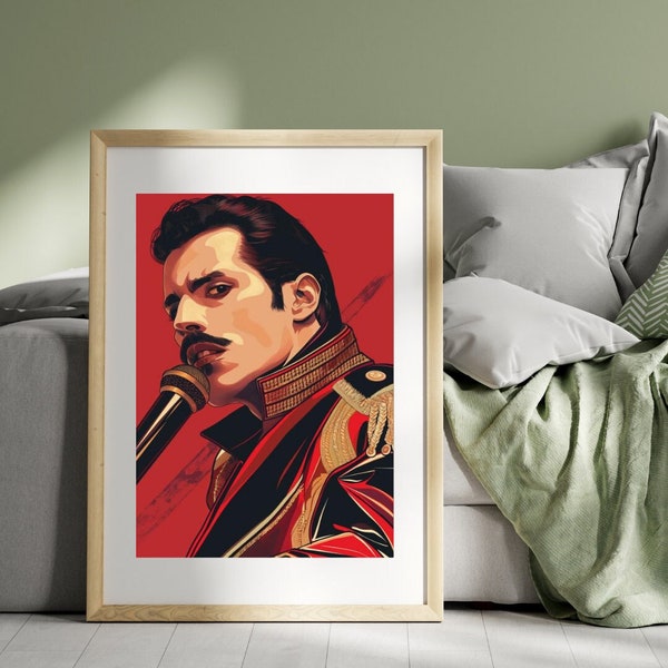 Freddie Mercury Iconic Performance Portrait, Legendary Rock Star Art Print, Vibrant Musician Wall Art printable,