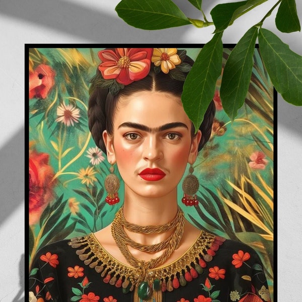 Frida Kahlo Exquisite Floral Portrait, Vibrant Mexican Artist Wall Art, Colorful Frida Print, Bohemian Home Decor, Printable Artwork