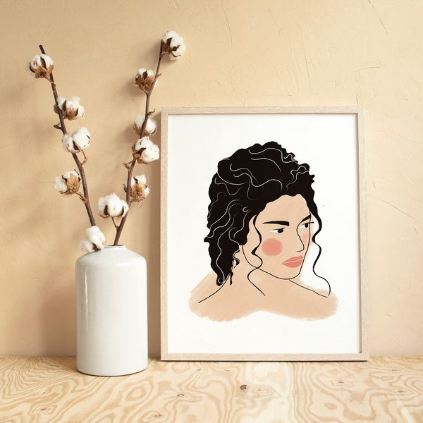 Girl face illustration, wall art, boho illustration, female art, Blush pink wall art download, scandic printable, monochrome pastel,