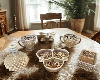 Fenton Vintage Moonstone Hobnail Divided Dish, Trinket Dish, Bud Vase, Sugar and Creamer