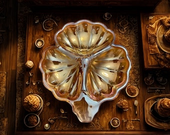 Vintage Jeanette Marigold Carnival Glass – 3-Section Divided Trinket or Candy Bowl, 3-Leaf Design