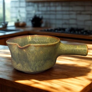 May include: A handmade, green ceramic gravy boat with a handle. The boat has a spout for easy pouring and a rustic, glazed finish. The kitchenware is sitting on a wooden countertop, with a blurred kitchen background.