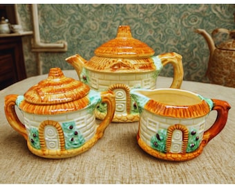 Cottage Wear Set- Teapot, Sugar Bowl, and Creamer - Vintage Majolica Japan
