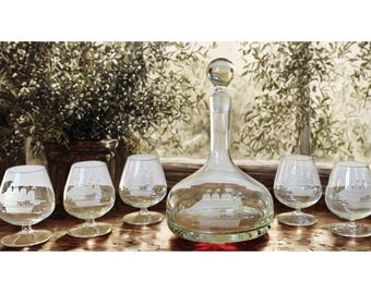 Vintage Etched Crystal Decanter Set with 5 Brandy Glasses – Clipper Ship Nautical Design