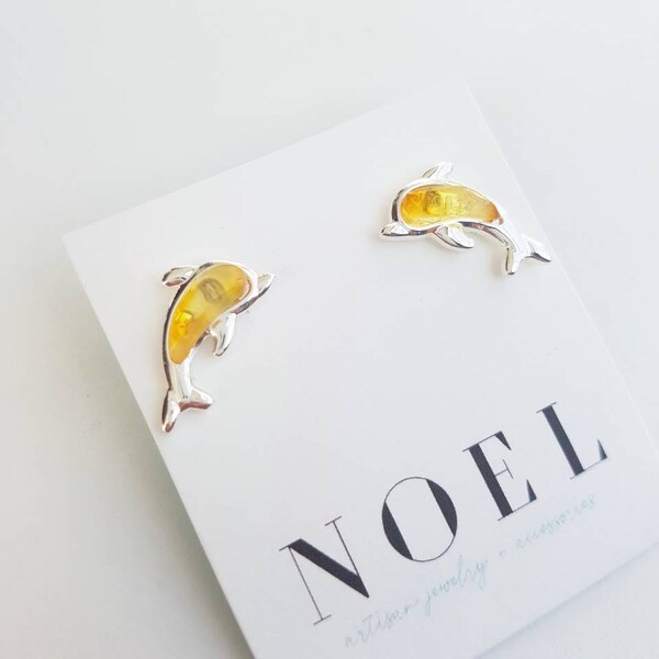 Tiny Authentic Dominican Amber Dolphin Studs Handmade