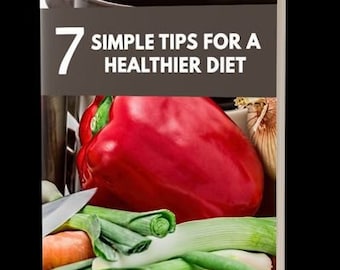 Op de afbeelding: Een boekomslag met een rode paprika, groene uien en groene bonen. De omslag heeft de tekst "7 eenvoudige tips voor een gezonder dieet".