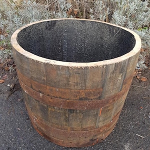 Large Rustic White Oak Barrel Garden Planter - Tree Planter, Vegetable Planter, Log Basket - Reclaimed Ex Whiskey Barrel, Flower Planter