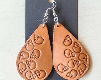 Gothic Leather Earrings Skull | Biker Skull Jewelry| Statement Leather Earrings Embossed | Rocker Festival Earrings | Gift for Her