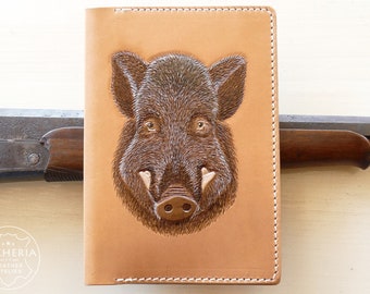 Leather Hunting License Wallet Wild Boar | Handtooled Hunting Document Holder | Leather Hunter Gift | Custom Sports Shooting Case Unique