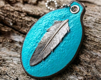 Handmade Leather Eagle Feather Keychain | Hand Tooled Turquoise Boho Bag Charm | Carved Feather Key Ring | Gift for Bird Lover | Archeria