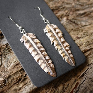 Leder Feder Ohrringe, Raubvogel, handgefertigt. Punziert und bemalt. Vegetabil gegerbtes Rindsleder. Ohrhaken aus chirurgischem Edelstahl.