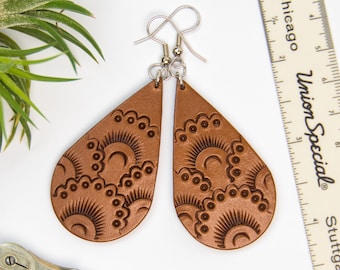 Boho Leather Earrings Handmade | Tooled Leather Tear Drop Earrings | Vegetable Tanned Leather Brown | Lightweight Statement Jewelry Gift