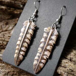 Leder Feder Ohrringe, Raubvogel, handgefertigt. Punziert und bemalt. Vegetabil gegerbtes Rindsleder. Ohrhaken aus chirurgischem Edelstahl.