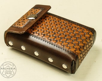 Leather cigarette case, hand stamped, basket weave