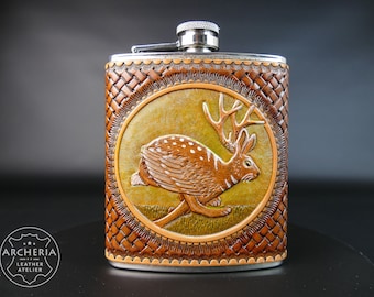 Leather Hip Flask Wolpertinger | Hand Tooled & Painted | Stainless Steel Pocket Bottle | Vegetable Tanned | Traditional Hunting Gift