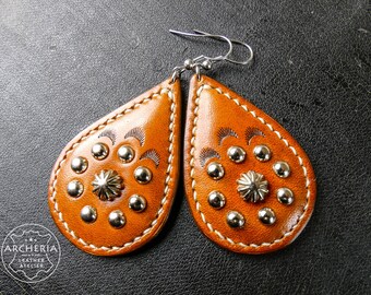 Leather earrings, stamped, studded and handcrafted