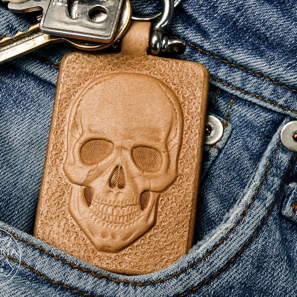 Leather skull keychain with initials, personalized