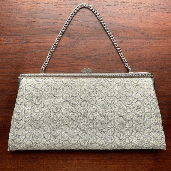Vintage Silver Hard Shell Fabric Clutch with Chain St… - Gem