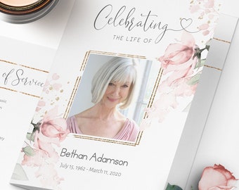 Pink Floral Funeral Program Template: Order of Service Celebration of Life (INSTANT DOWNLOAD)