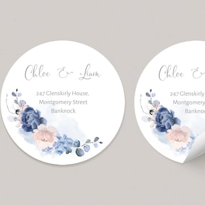Round Envelope Address Label, Blue Floral label, Wedding Seal Stickers, Self-Editable, Return Address Label, Printabl 51mm Avery- ELANNA