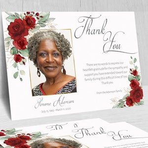 Red Floral Funeral Thank you Card Template, Thank you Notes, INSTANT DOWNLOAD, Editable Memorial Card, Celebration Of Life, F-BIRNIE