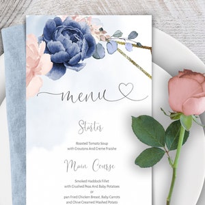 Menu Card Template, Blue Floral Wedding Bridal Shower Brunch Dinner Instant DOWNLOAD, Printable Editable Templates W-ELANNA