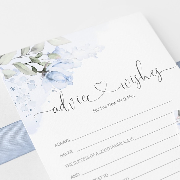 Bridal shower Advice Card, Advice For the Bride and Groom, Newlyweds Advice Card, 100%  Editable text, Pastel Blue Floral, W-IZZY BL